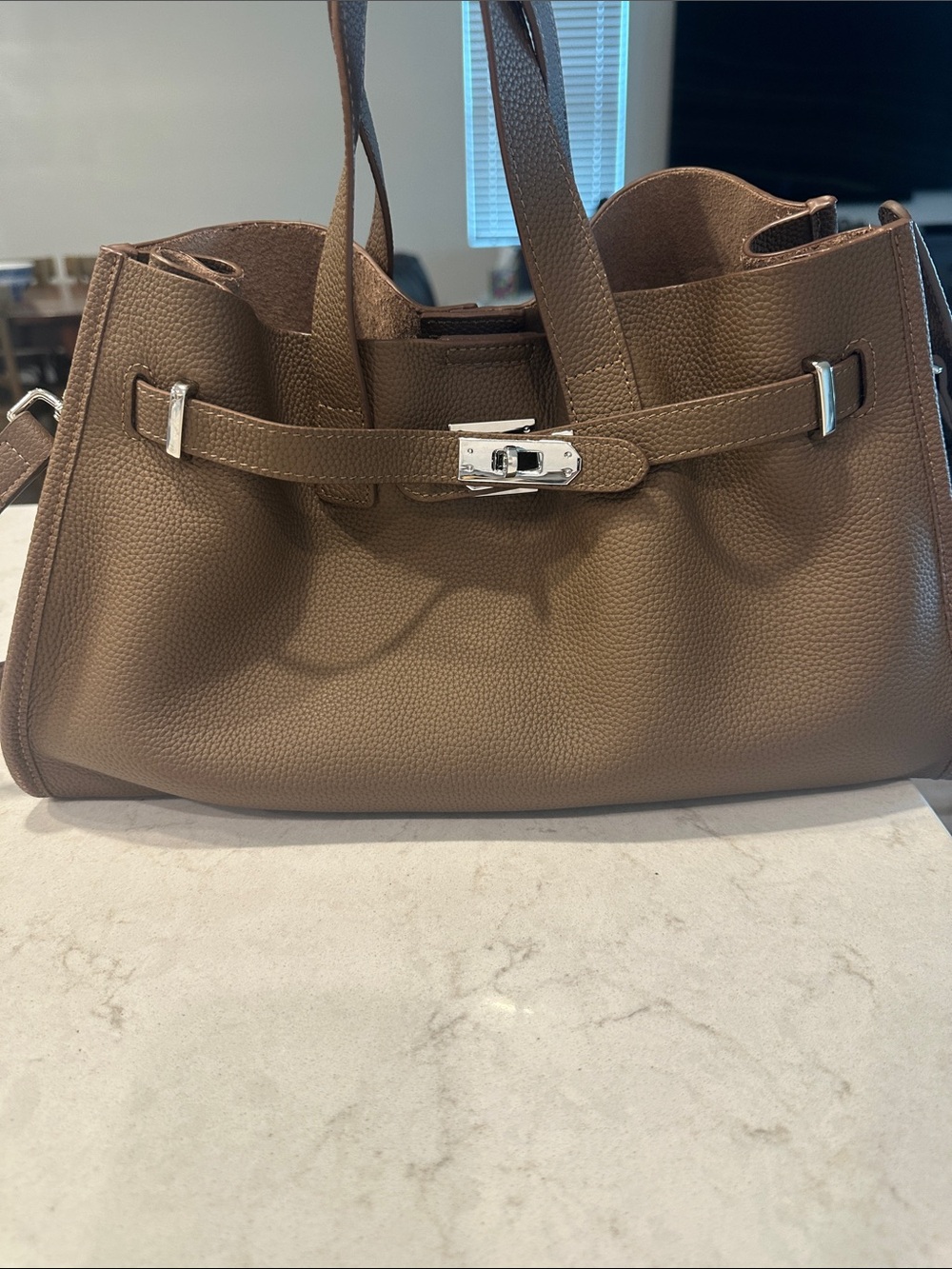 Classic Brown Leather Tote Bag with Silver Hardware